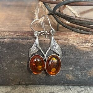 Amber Oval Cabochon Sterling Silver Dangle Drop Earring